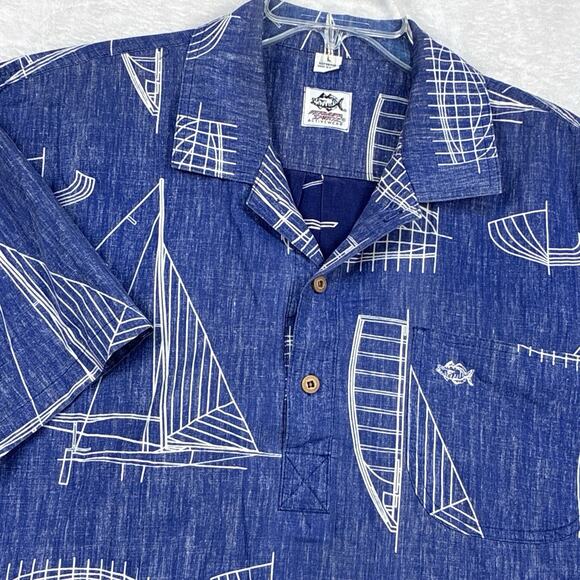 VTG Bermuda Shortz Shirt Men L Blue AOP Polo Hawaiian Aloha Nautical Beach USA - Picture 1 of 7